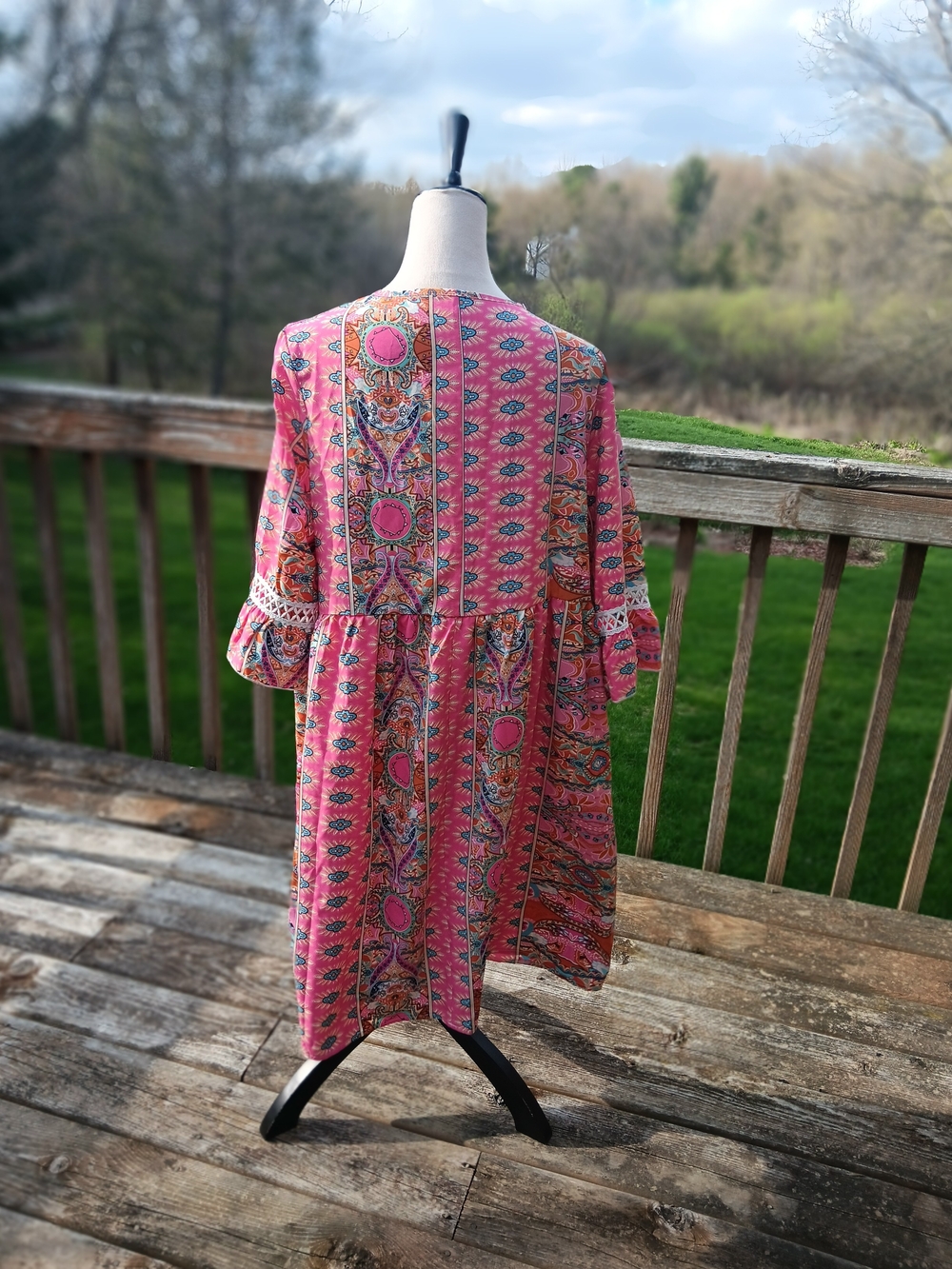 Kara and Kate Pink Blue Floral Paisley Crochet Trim Flowy Tunic Dress NWOT Large - Picture 6 of 8